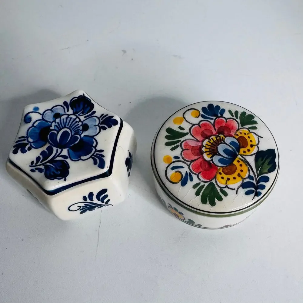 Vintage Set of 2 Delft Holland Floral Hand Painted Round Lidded Trinket Box